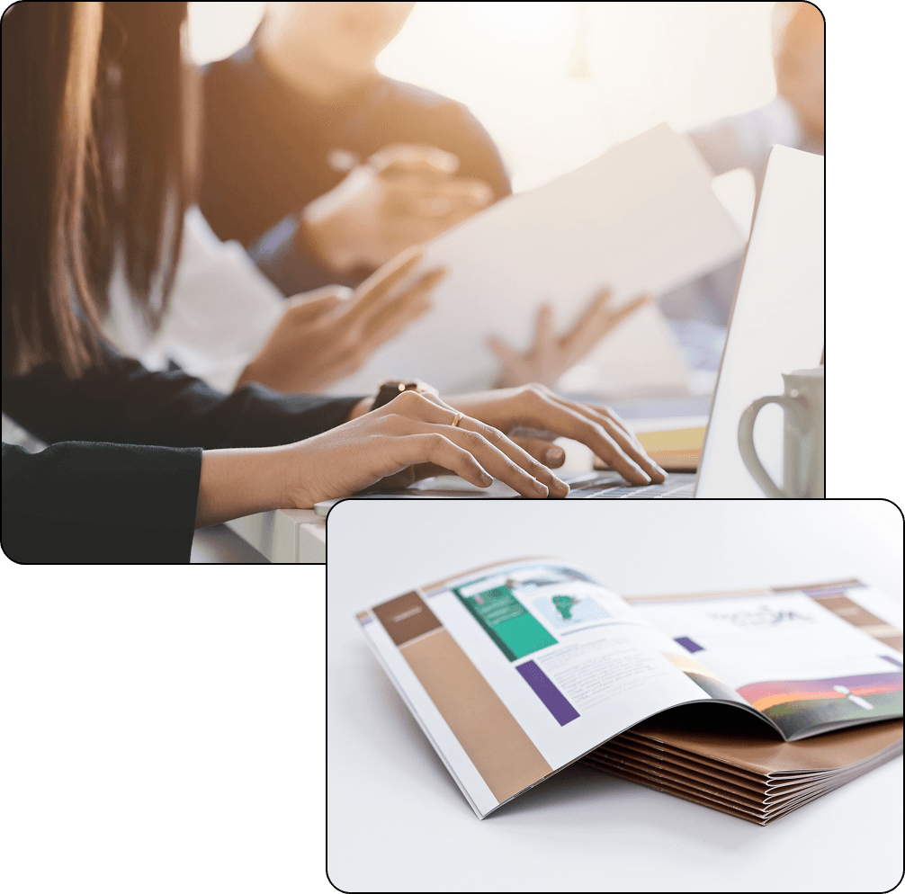 パソコンを触る写真と開いた本の写真